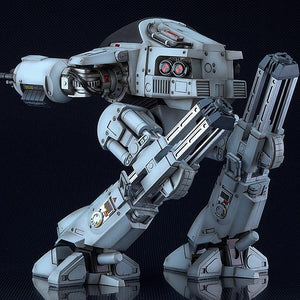 Side view of the ED-209 peacekeeping machine showing the complex leg assembly and rear mechanical housing.