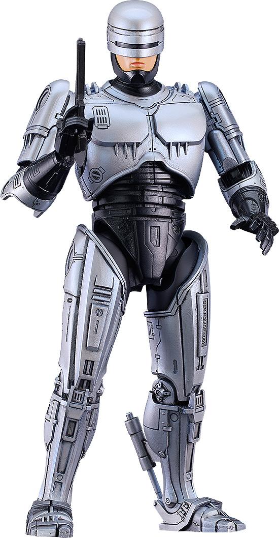 Full front view of the 175mm MODEROID RoboCop plastic model kit holding his signature Auto 9 pistol.