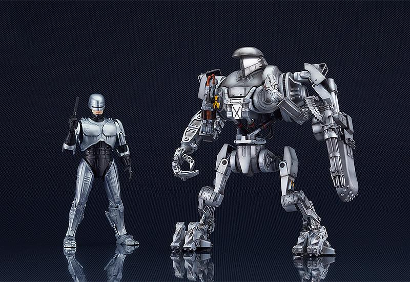 Scale comparison shot of the 22cm MODEROID RoboCain standing next to the 175mm MODEROID RoboCop figure.