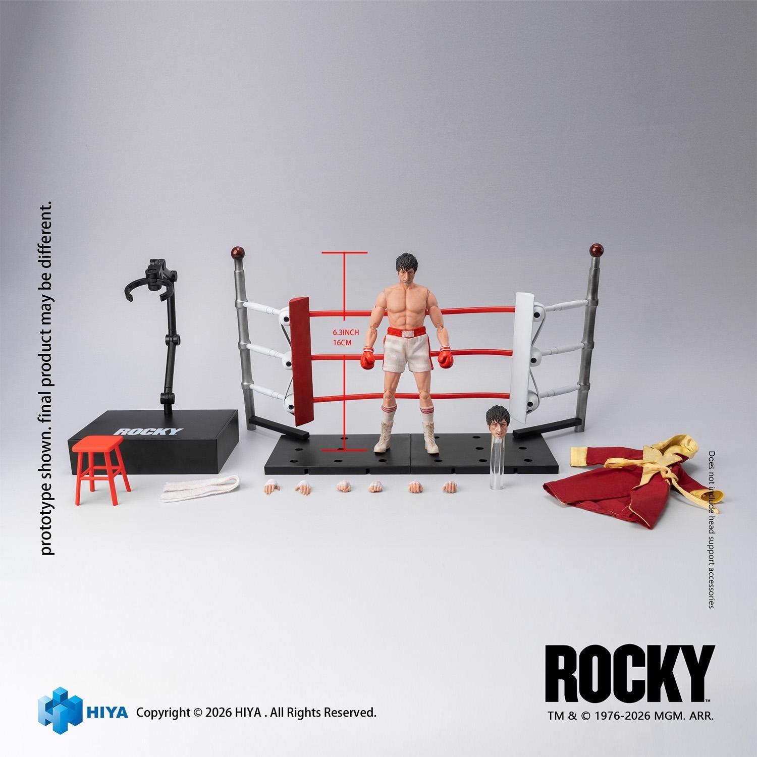 Complete box contents and accessories layout for the Hiya Toys Exquisite Super Series 1/12 scale Rocky Balboa action figure.