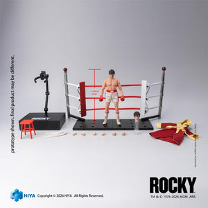 Complete box contents and accessories layout for the Hiya Toys Exquisite Super Series 1/12 scale Rocky Balboa action figure.