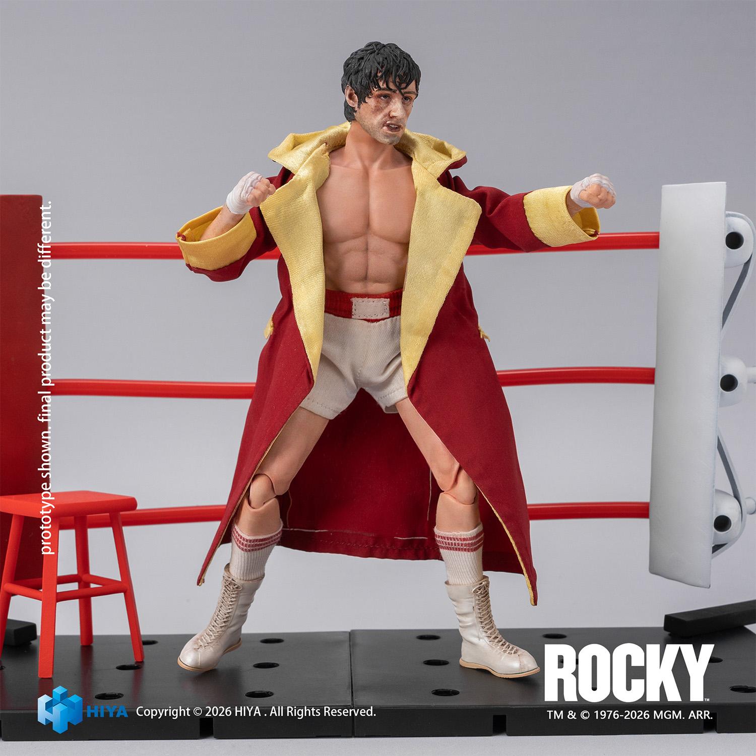 Hiya Toys Rocky Balboa action figure wearing an open entrance robe with taped hands in a fighting stance.