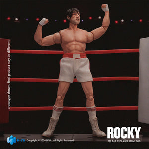 Rocky Balboa action figure with taped hands raised in a victory stance inside a boxing ring setup.