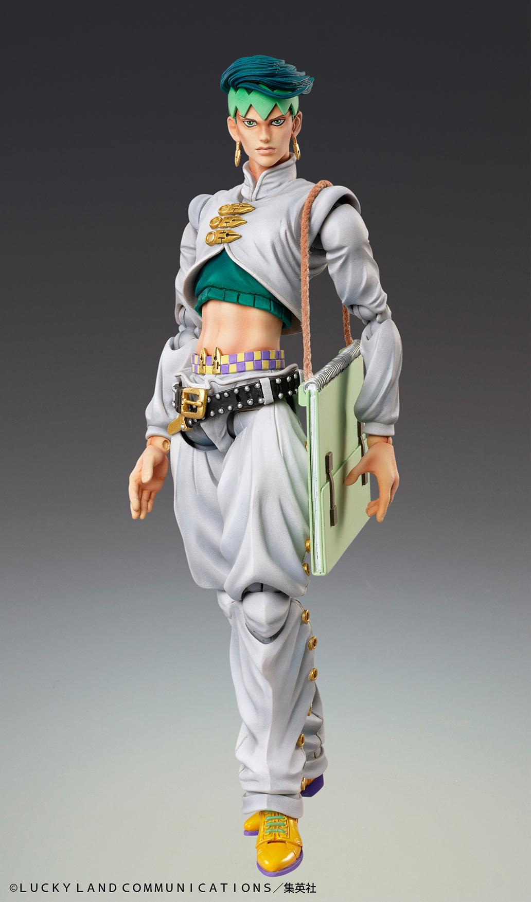 Rohan Kishibe Super Action Statue walking with his signature green sketchbook and bag accessory.
