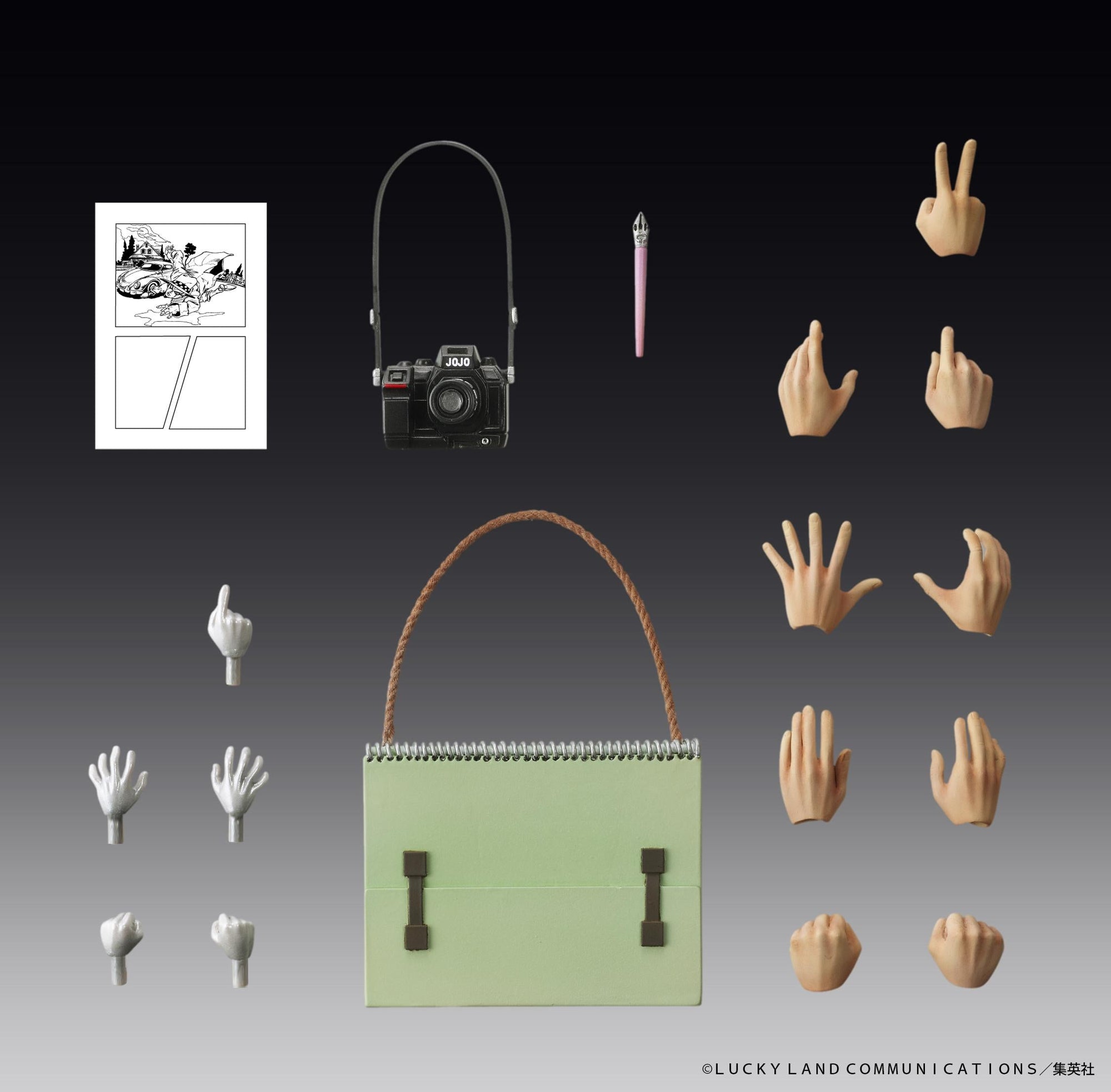 Complete accessory set for Rohan Kishibe figure featuring a camera, pen, sketchbook, and various hands.