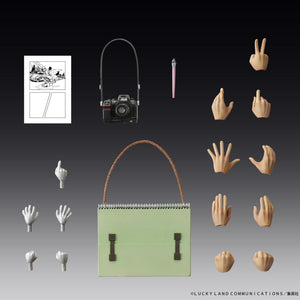 Complete accessory set for Rohan Kishibe figure featuring a camera, pen, sketchbook, and various hands.
