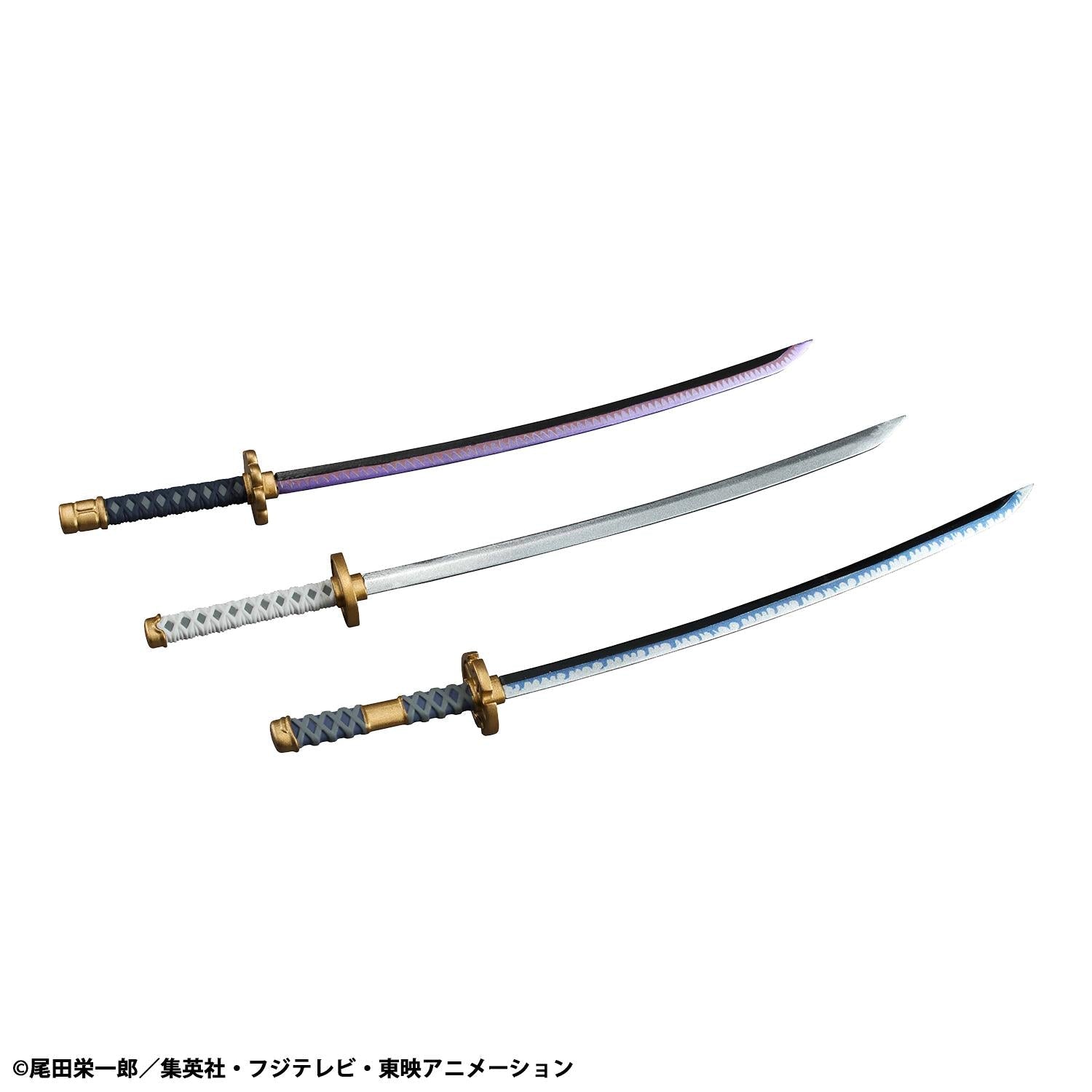 Detail shot of the three katanas included with the Zoro figure: Wado Ichimonji, Sandai Kitetsu, and Shusui.