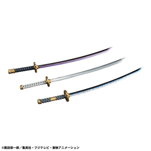 Detail shot of the three katanas included with the Zoro figure: Wado Ichimonji, Sandai Kitetsu, and Shusui.