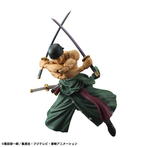 Side view of Roronoa Zoro Variable Action Heroes reissue in a mid-attack stance with katanas raised.