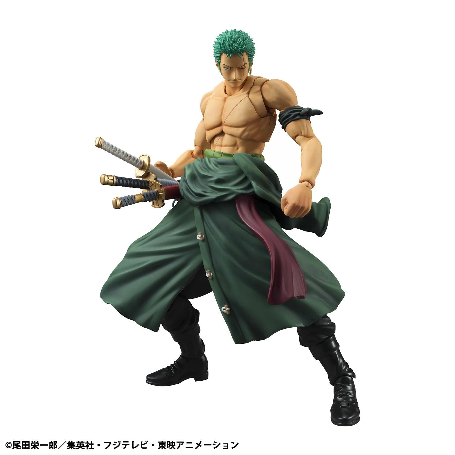 Full-body shot of the Roronoa Zoro action figure showcasing joint articulation and soft material clothing in his signature green robe.