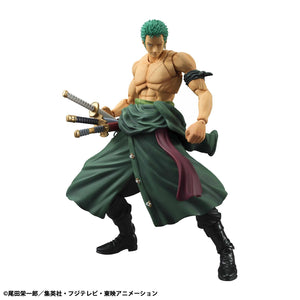 Full-body shot of the Roronoa Zoro action figure showcasing joint articulation and soft material clothing in his signature green robe.