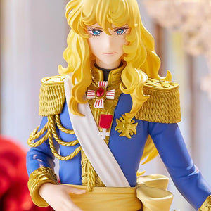 Macro head-and-shoulders portrait of the Oscar Francois de Jarjayes figure, highlighting her striking blue eyes, detailed blonde hair, and noble facial expression.