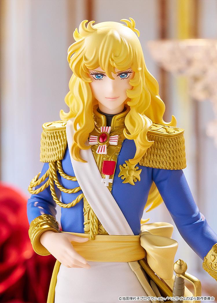 Macro head-and-shoulders portrait of the Oscar Francois de Jarjayes figure, highlighting her striking blue eyes, detailed blonde hair, and noble facial expression.
