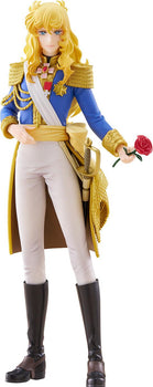 Full-length shot of the Pop Up Parade Oscar Francois de Jarjayes figure from The Rose of Versailles, dressed in a blue and gold military uniform and white pants, holding a single red rose against a plain white background.