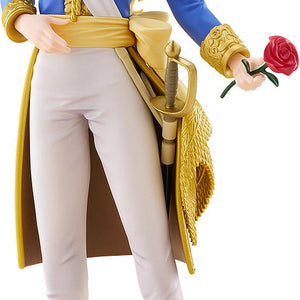 Full-length shot of the Pop Up Parade Oscar Francois de Jarjayes figure from The Rose of Versailles, dressed in a blue and gold military uniform and white pants, holding a single red rose against a plain white background.