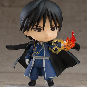 Flame Alchemist Roy Mustang Nendoroid in a finger-snapping pose with a translucent orange and yellow fire effect part attached to his hand.