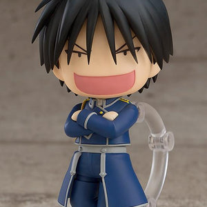 Roy Mustang Nendoroid with a playful, smug smiling face plate and crossed arms pose, perfect for scenes of him belittling Edward Elric.