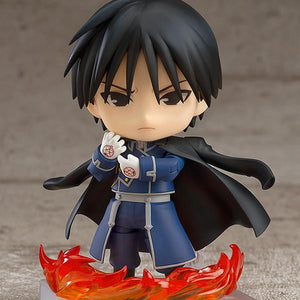 Roy Mustang Nendoroid with a serious expression and sharp eyes, standing behind a circle of translucent fire effect parts on the ground.