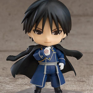 Roy Mustang Nendoroid standing on a display base with a fearless standard smiling face plate and his black coat draped over his shoulders.