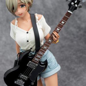 High-angle close-up of Rupa from Girls Band Cry focusing on the black bass guitar and instrument cable detail.