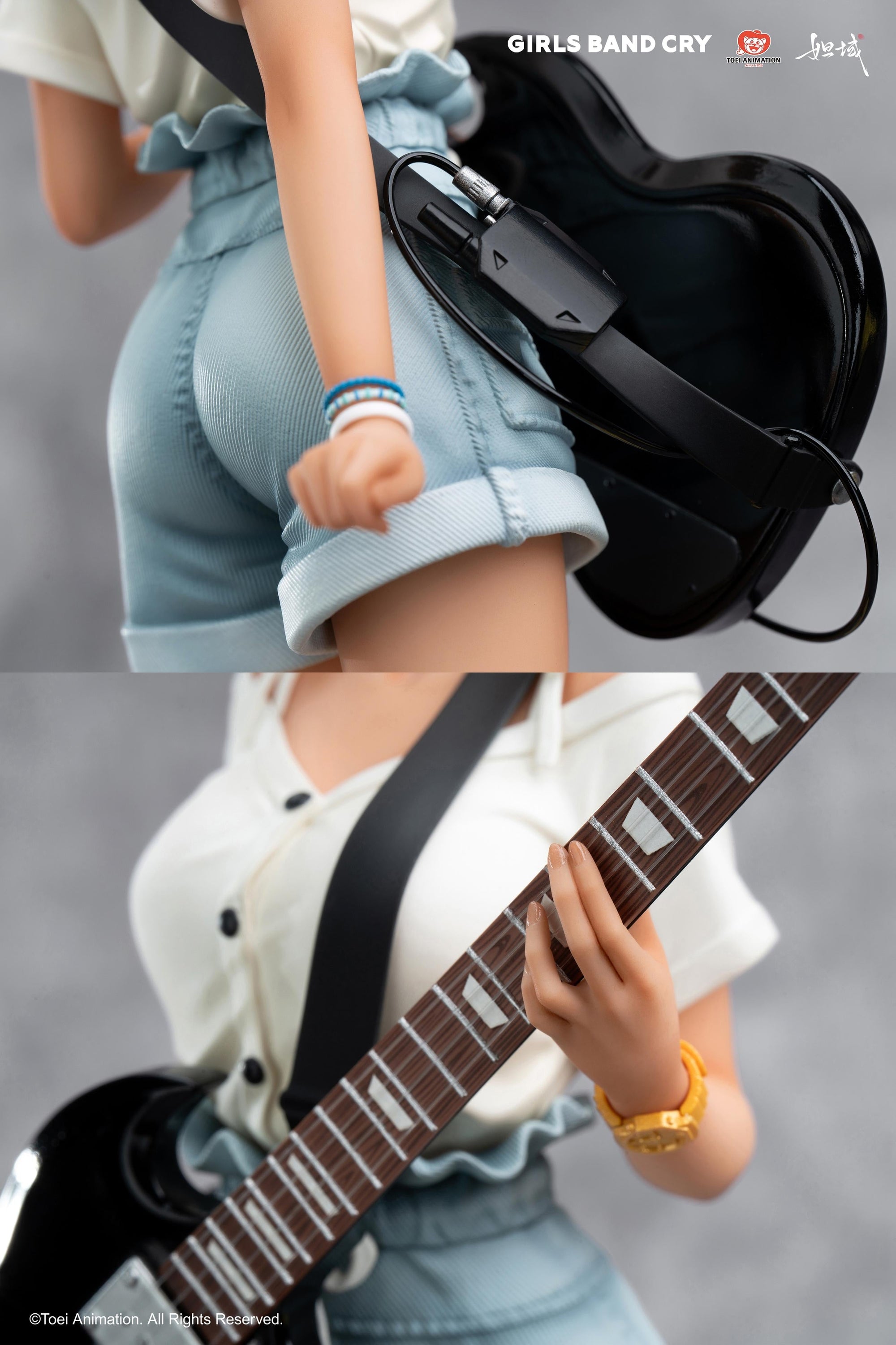 Macro detail of Rupa's hand on the bass guitar fretboard and the wireless transmitter on the strap.