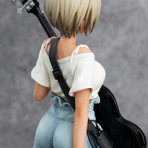 Detailed rear perspective focusing on the guitar strap and Rupa's short blonde hairstyle.