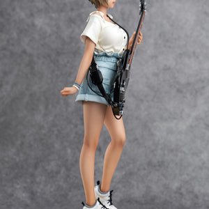 Side profile of the Rupa scale figure showing the detailed white shirt, denim shorts, and guitar strap.