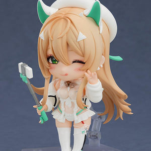 Nendoroid Rupee Winter Shopper in a playful pose with her tongue-out winking face plate and peace sign hand.