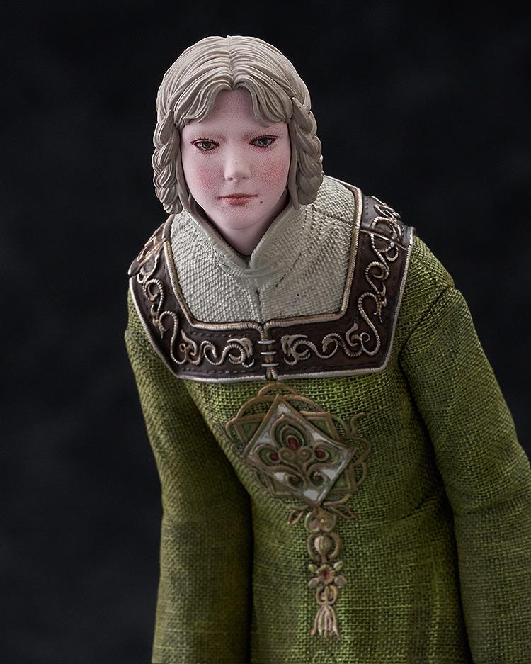 Portrait view of the Rya collectible figure from Elden Ring focusing on her unique facial expression and hair.
