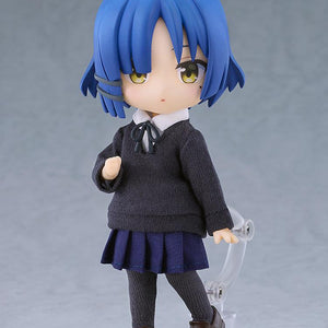 Articulated Ryo Yamada Nendoroid Doll figure standing in her dark grey fabric school uniform on a clear magnetic display base against a soft grey studio backdrop.