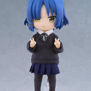 Front view of the Ryo Yamada Nendoroid Doll figure calmly making double peace signs while mounted on a clear magnetic support stand.