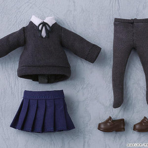 Flat lay view of the complete fabric box contents for the Ryo Yamada Nendoroid Doll, showcasing the uniform top, pleated skirt, dark grey full-length tights, and brown loafers.