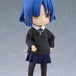 Three-quarter view of the Ryo Yamada Nendoroid Doll anime figure showcasing the high articulation and fabric detailing of her knit school uniform sweater and navy pleated skirt.