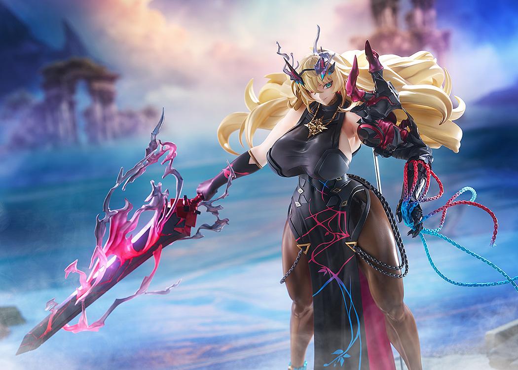 Close-up view of the Barghest figure's upper body, highlighting her elegant black dress and armor.