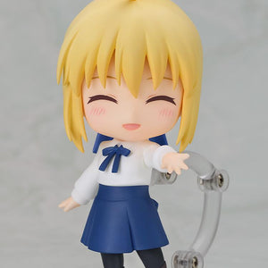 Saber Casual Outfit Version Nendoroid figure reaching out with a joyful, closed-eye cheerful face plate expression on a clear display base.