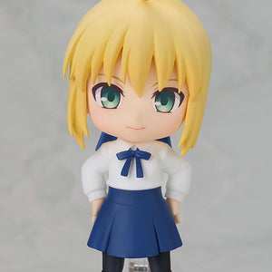 Standing front-facing view of the Saber Nendoroid in her everyday white blouse and blue skirt casual attire.
