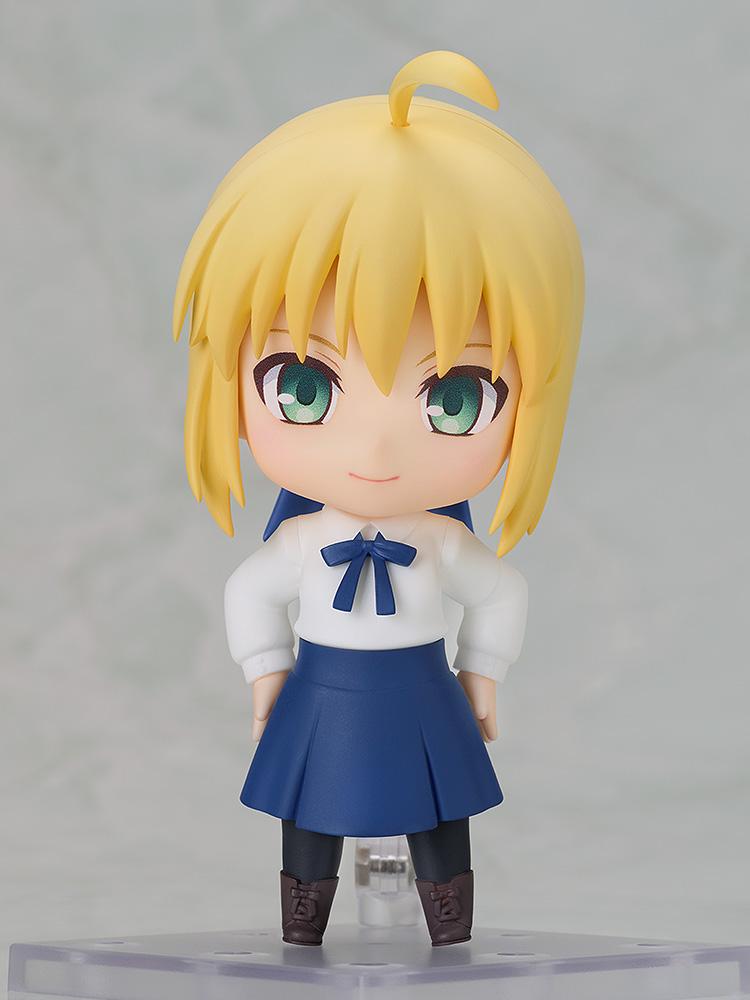 Standing front-facing view of the Saber Nendoroid in her everyday white blouse and blue skirt casual attire.