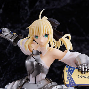 Close-up detail of the Saber Lily Reincarnation model kit highlighting the silver armor and pre-printed face plate.