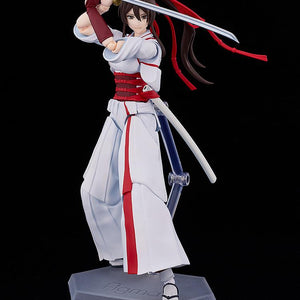 Full body view of Yamada Asaemon Sagiri figma on a transparent display stand with katana drawn.
