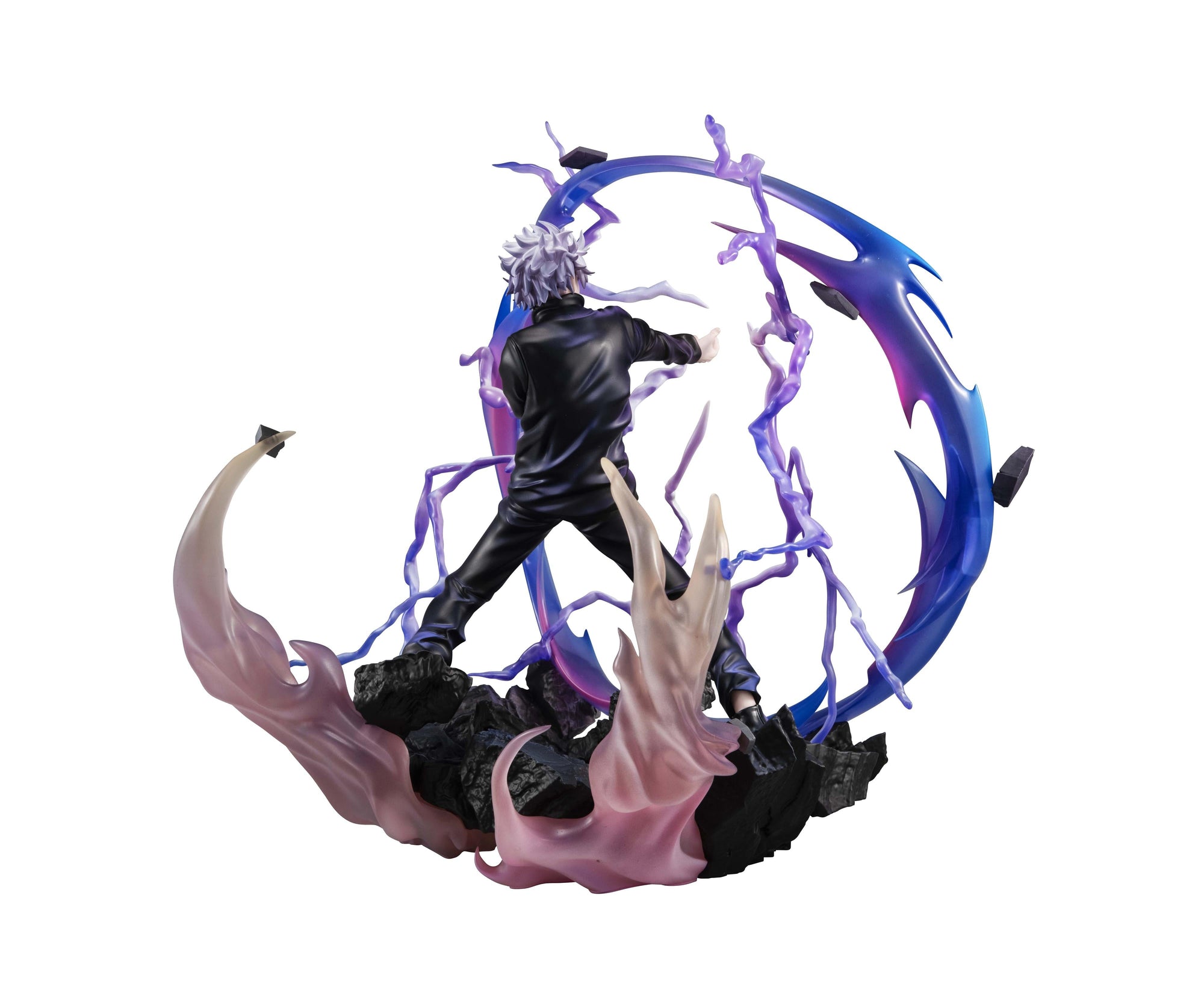 Rear view of the Satoru Gojo Hollow Purple DX statue showcasing the large rubble pieces and hair flowing in the wind.