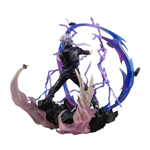 Rear view of the Satoru Gojo Hollow Purple DX statue showcasing the large rubble pieces and hair flowing in the wind.