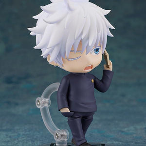 Satoru Gojo Nendoroid figure showing a comical aggravated winking face plate while holding a flip cell phone accessory up to his ear.