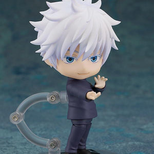 Satoru Gojo Nendoroid figure dynamically posed on an articulated support arm, gesturing with open hands to replicate a jujutsu cursed technique.
