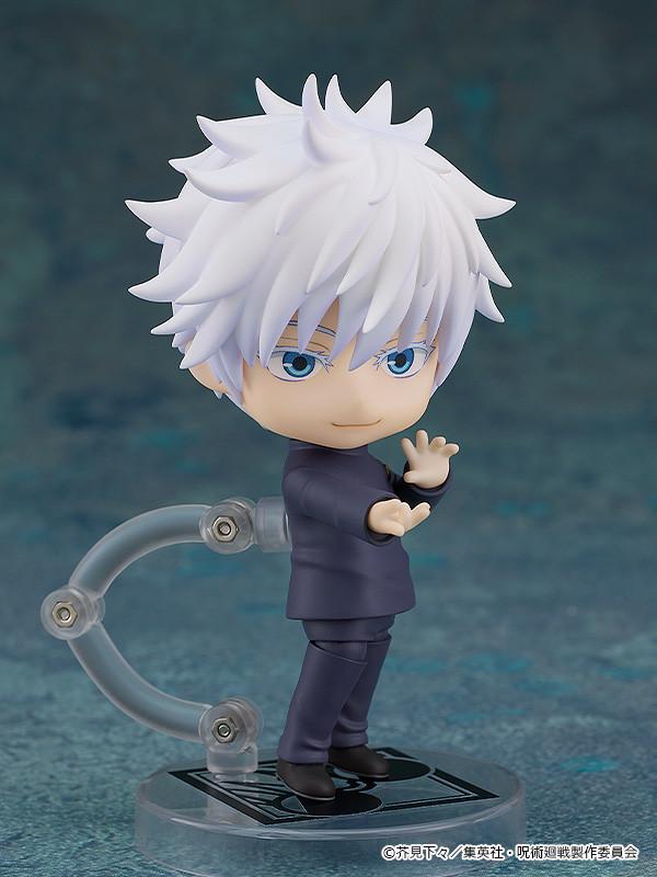 Satoru Gojo Nendoroid figure dynamically posed on an articulated support arm, gesturing with open hands to replicate a jujutsu cursed technique.