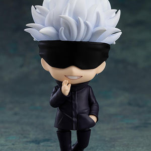 Full body front view of the Satoru Gojo reissue Nendoroid collectible figure on a clear circular base with a smirking expression.