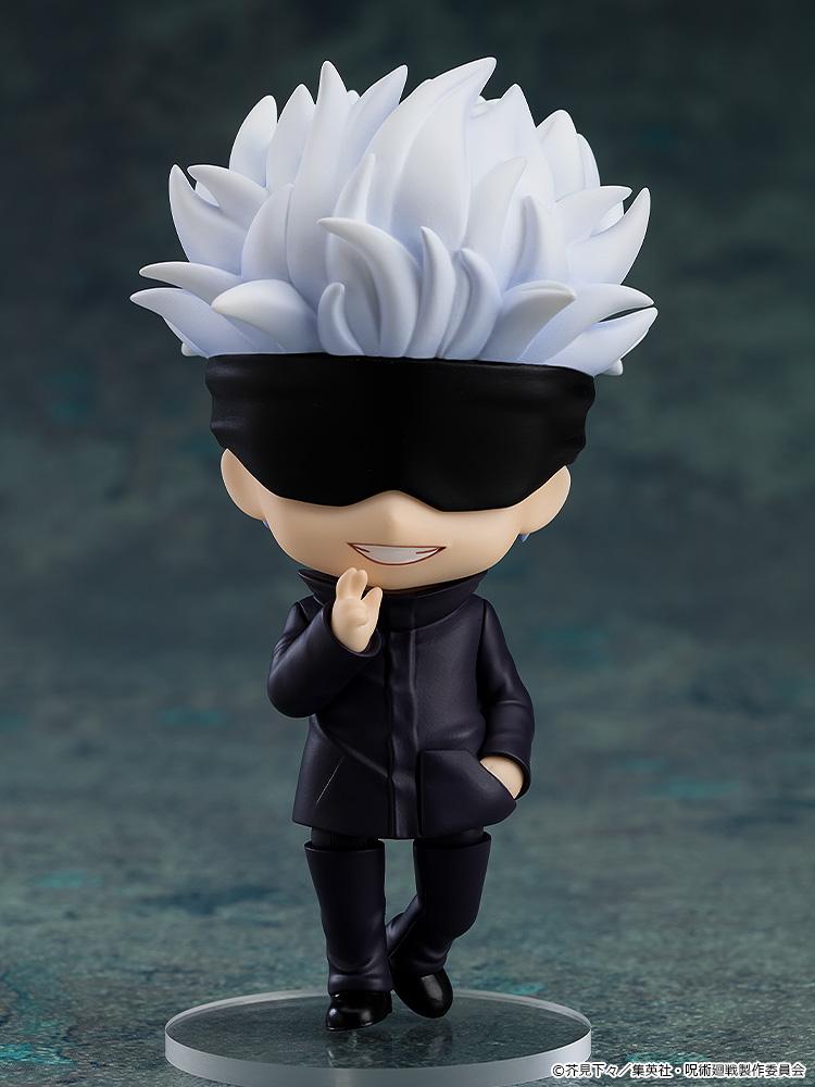 Full body front view of the Satoru Gojo reissue Nendoroid collectible figure on a clear circular base with a smirking expression.