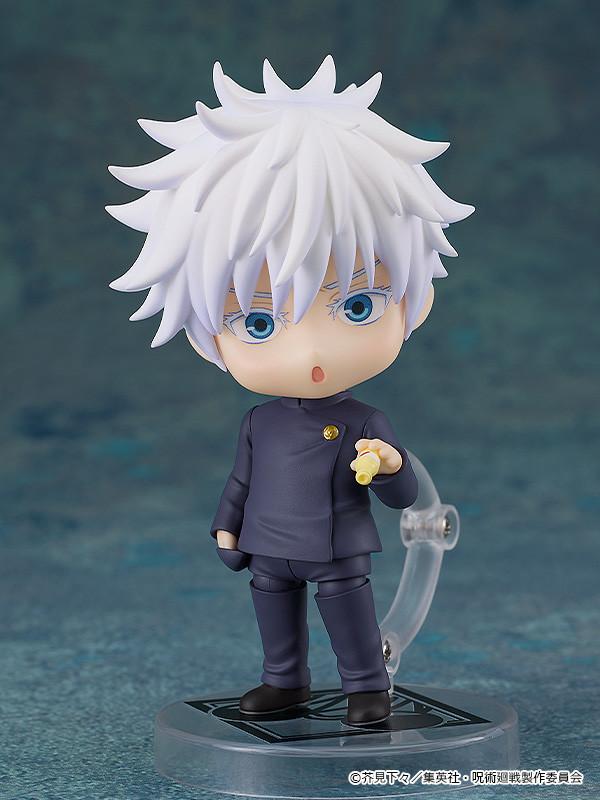 Satoru Gojo Nendoroid figure showcasing a comical surprised or sulking face plate with a small yellow Koregusu bottle accessory in his hand.