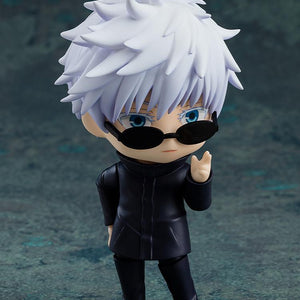 Close-up of the unmasked Satoru Gojo Nendoroid figure wearing his optional black round sunglasses accessory.