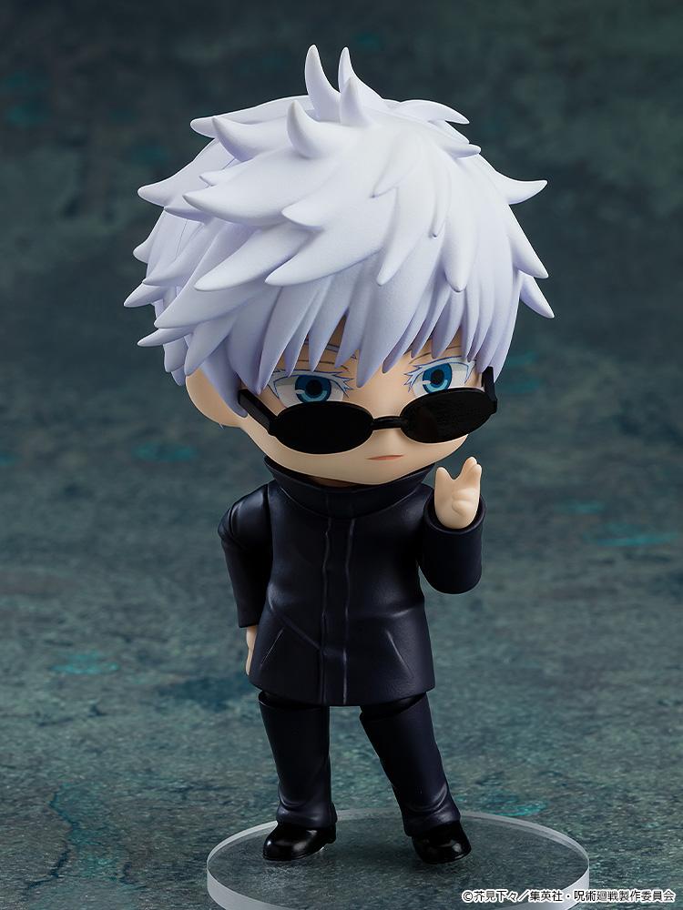 Close-up of the unmasked Satoru Gojo Nendoroid figure wearing his optional black round sunglasses accessory.