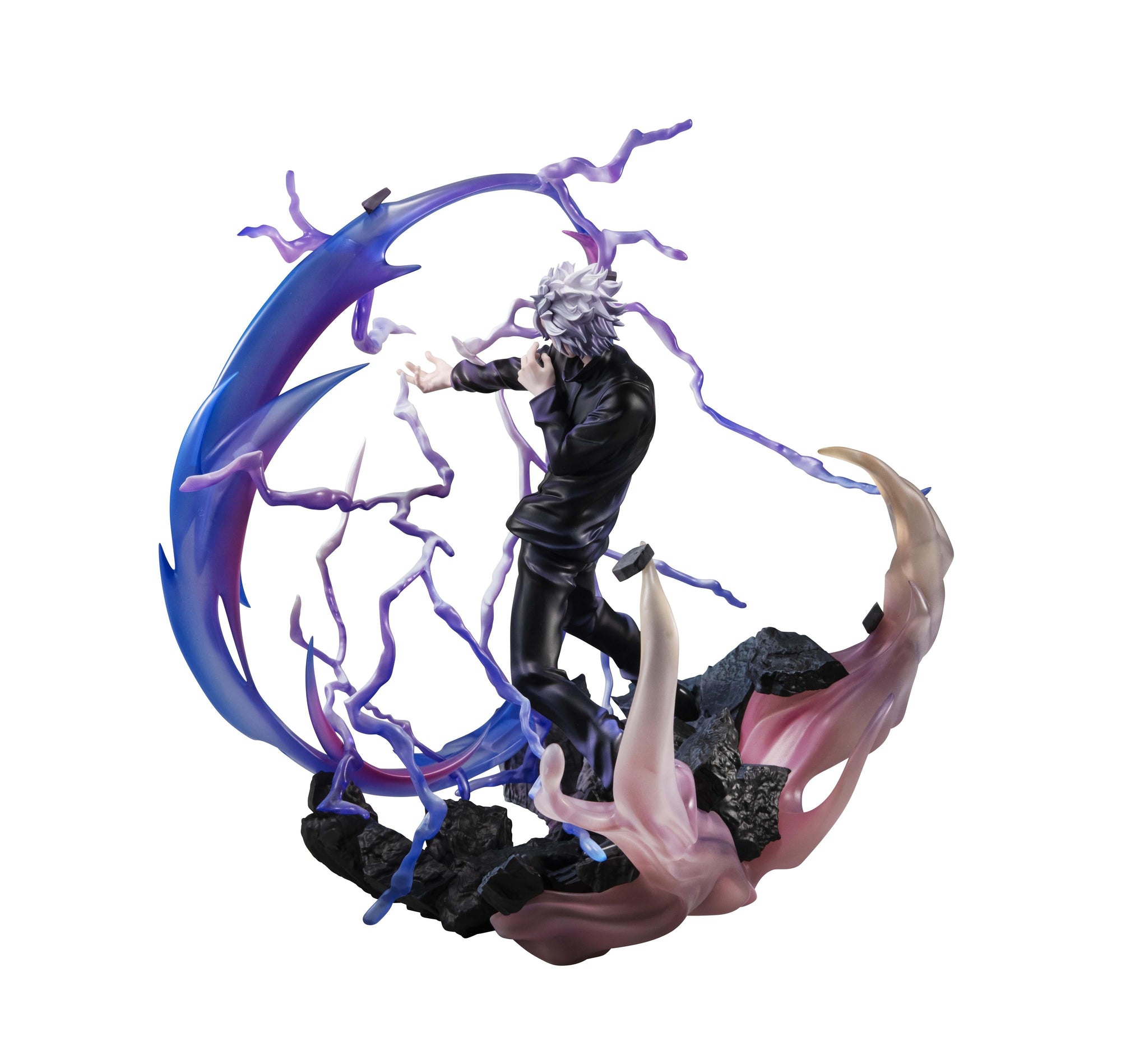 Three-quarter view of the Satoru Gojo DX figure highlighting the swirling purple energy and intricate sculpting.